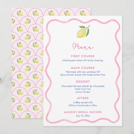 Pink Wavy Line Lemon Baby Shower Place Card メニュー (正面/裏面)