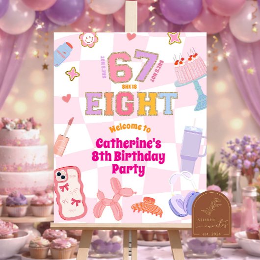 Pink Wavy Retro 67 8th Birthday Welcome Sign ポスター