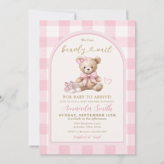 Pink We can Bearly Wait Bear Baby Baby Shower  招待状 (正面)