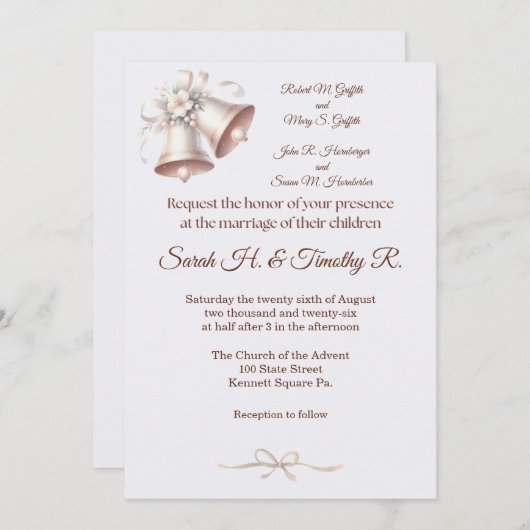 Pink Wedding Bells Traditional Wedding Invitation 招待状 (正面/裏面)