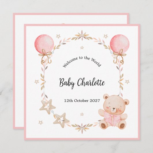 Pink Welcome Baby Floral Frame Teddy Bear Card (正面/裏面)