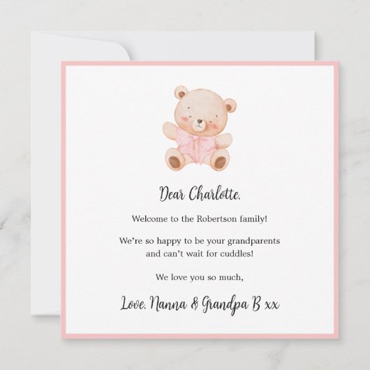 Pink Welcome Baby Floral Frame Teddy Bear Card (裏面)