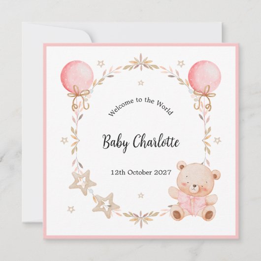 Pink Welcome Baby Floral Frame Teddy Bear Card (正面)