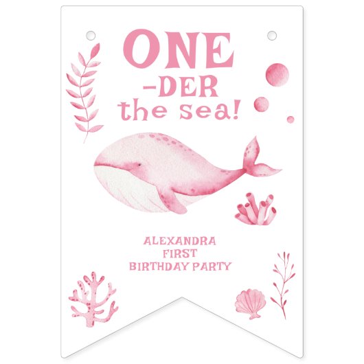 Pink Whale Oneder The Sea 1st Birthday  バンティングフラッグ (第1の旗)
