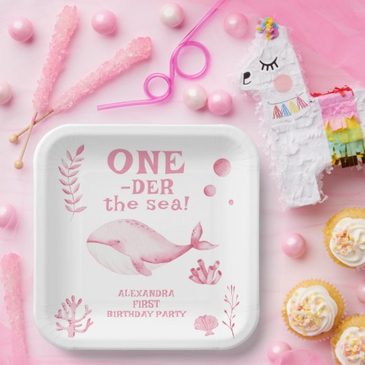 Pink Whale Oneder The Sea 1st Birthday  ペーパープレート (パーティー)