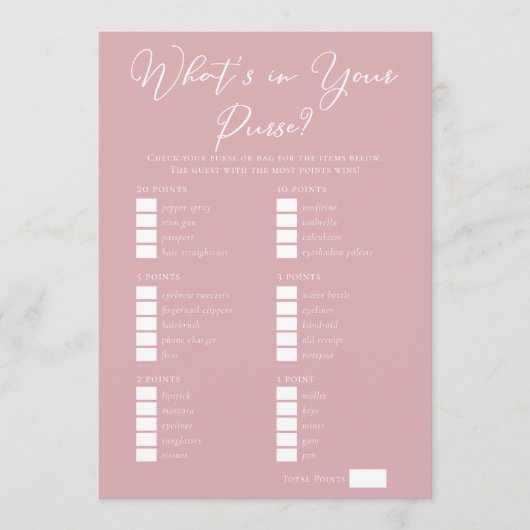 Pink What's in Your Purse Bridal Shower Game カード (正面)