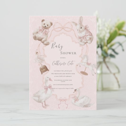 Pink Whimsical Elegant Bear Baby Shower 招待状 (スタンド正面)