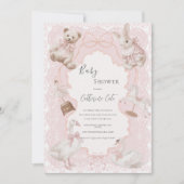 Pink Whimsical Elegant Vintage Baby Shower 招待状 (正面)