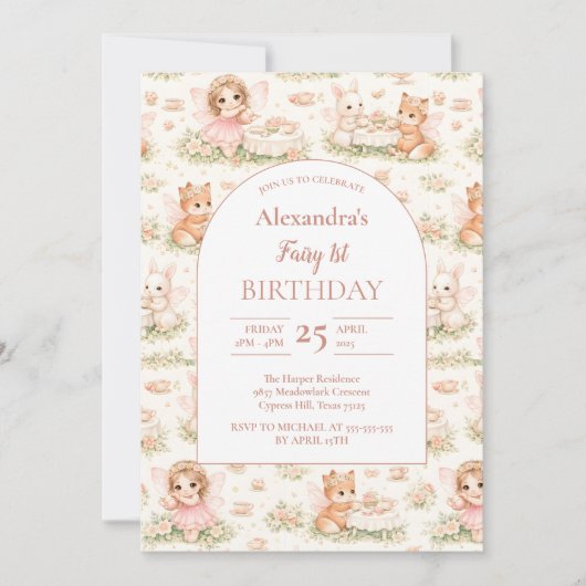 Pink Whimsical Fairy Birthday 招待状 (正面)