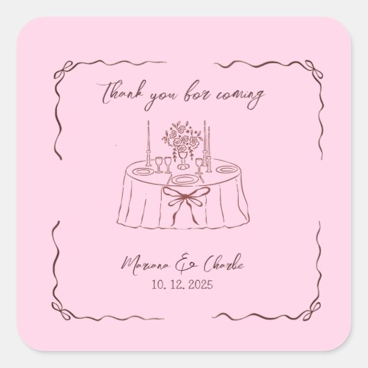 Pink Whimsical Hand Drawn Illustrated Wedding  スクエアシール (正面)