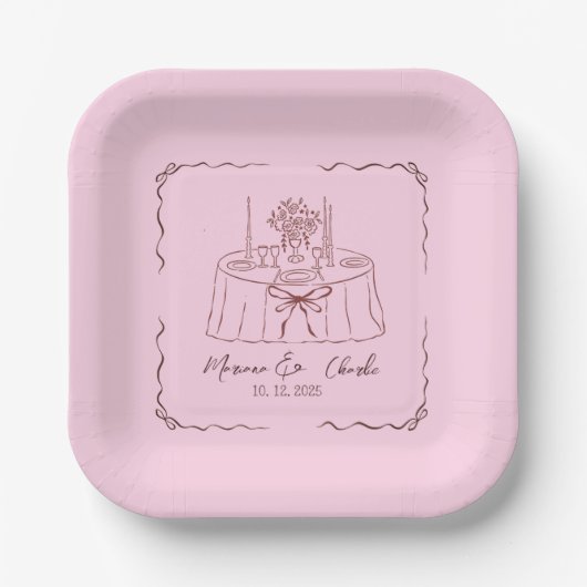 Pink Whimsical Hand Drawn Illustrated Wedding  ペーパープレート (正面)