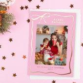 Pink Whimsical Handdrawn Bow Frame Photo 箔シーズンカード