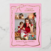 Pink Whimsical Handdrawn Bow Frame Photo 箔シーズンカード (正面)