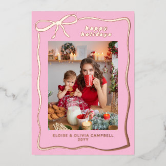 Pink Whimsical Handdrawn Bow Frame Photo 箔シーズンカード