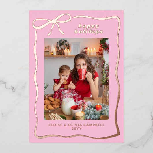 Pink Whimsical Handdrawn Bow Frame Photo 箔シーズンカード (正面)