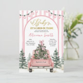 Pink Whimsical Stripes Cold Outside Baby Shower 招待状 (スタンド正面)