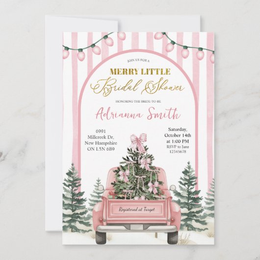 Pink Whimsical Stripes Merry Little Bridal Shower 招待状 (正面)