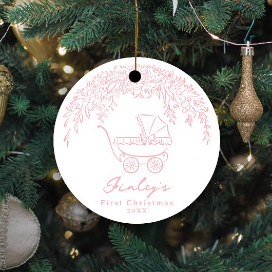Pink Whimsical Stroller Baby's First Christmas セラミックオーナメント