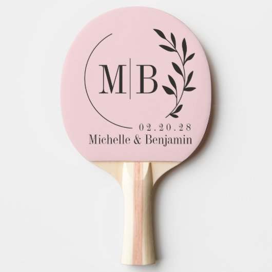 Pink Whisper and Black Leaf Wedding Monogram 卓球ラケット (正面)