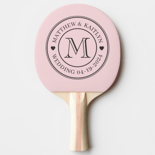 Pink Whisper and Black Wedding Monogram Heart 卓球ラケット (正面)