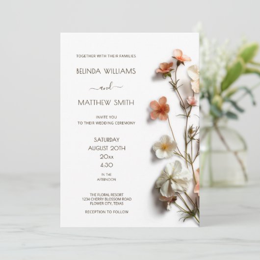 Pink White 3D Wildflowers Simple 招待状 (スタンド正面)