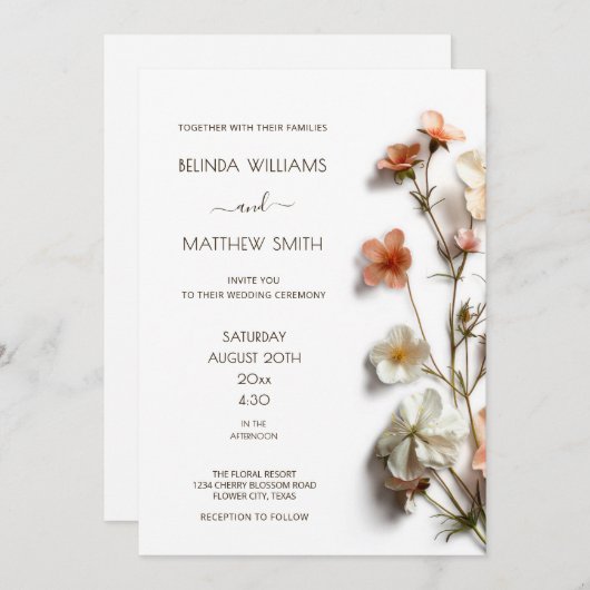 Pink White 3D Wildflowers Simple 招待状 (正面/裏面)