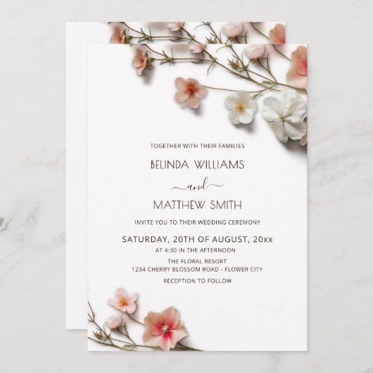Pink White 3D Wildflowers Wedding 招待状 (正面/裏面)