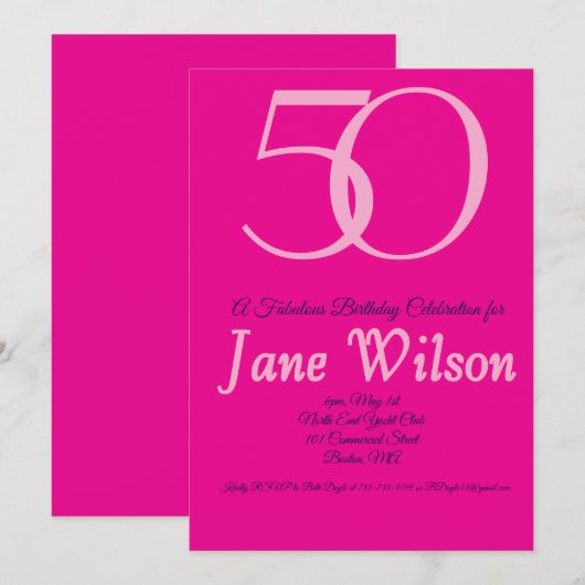  Pink, white and black 50th Birthday Invitation 招待状 (正面/裏面)