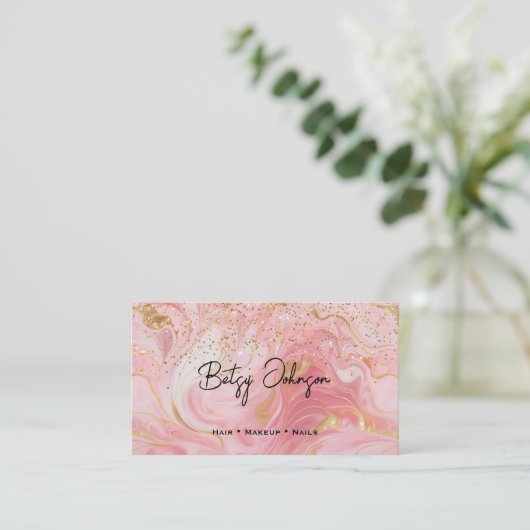 Pink, White and Gold Glitter Marbled Business Card 名刺 (スタンド正面)