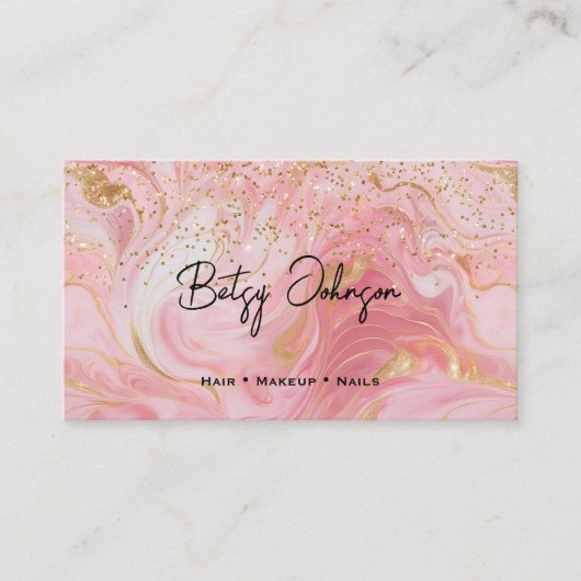 Pink, White and Gold Glitter Marbled Business Card 名刺 (正面)