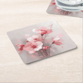 Pink, White, and Gray Foral スクエアペーパーコースター (アングル)