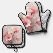Pink, White, and Gray Foral 鍋つかみ&鍋敷きセット (正面/裏面)