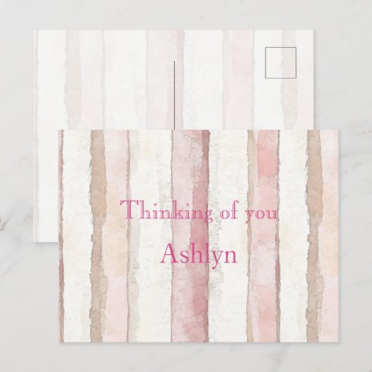 Pink White Beige Stripes Thinking of you ポストカード (正面/裏面)