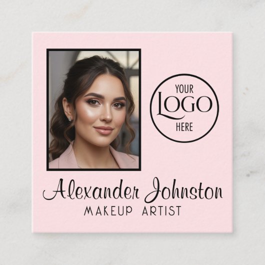 Pink White & Black Script Makeup Photo Personalize スクエア名刺 (正面)