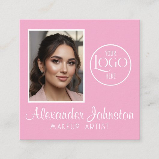 Pink White & Black Script Makeup Photo Personalize スクエア名刺 (正面)