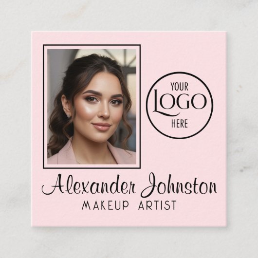 Pink White & Black Script Makeup Photo Personalize スクエア名刺 (正面)