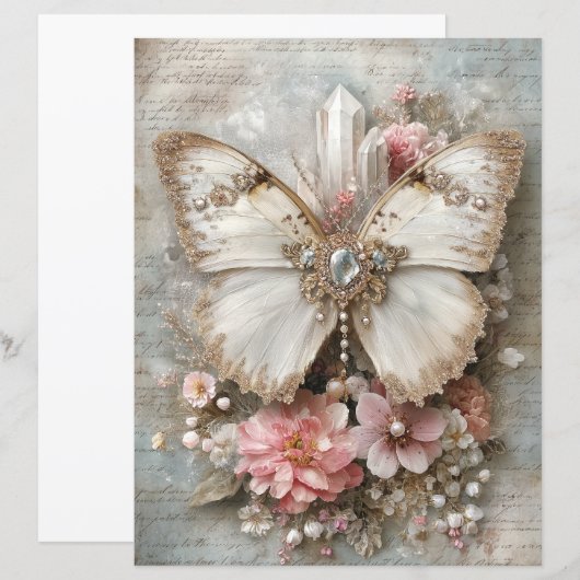 Pink White Butterfly Junk Journal Scrapbook Paper (正面/裏面)