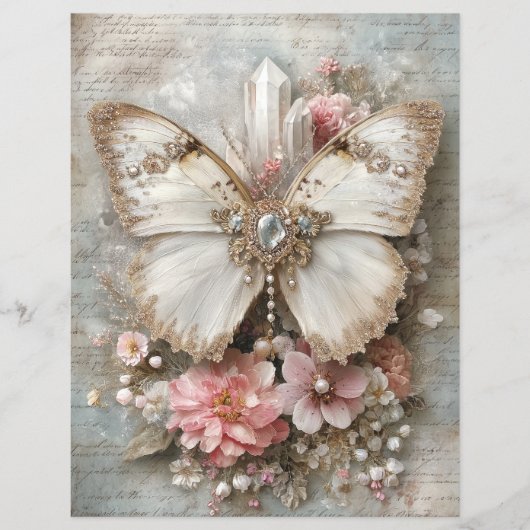 Pink White Butterfly Junk Journal Scrapbook Paper (正面)