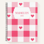 pink &white checkered heart pattern monogram name ノートブック (正面)