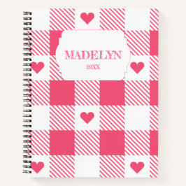 pink &white checkered heart pattern monogram name ノートブック