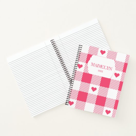 pink &white checkered heart pattern monogram name ノートブック (内部)