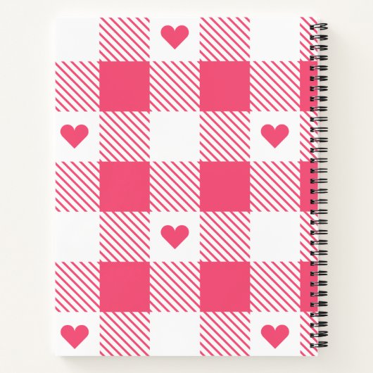 pink &white checkered heart pattern monogram name ノートブック (裏面)