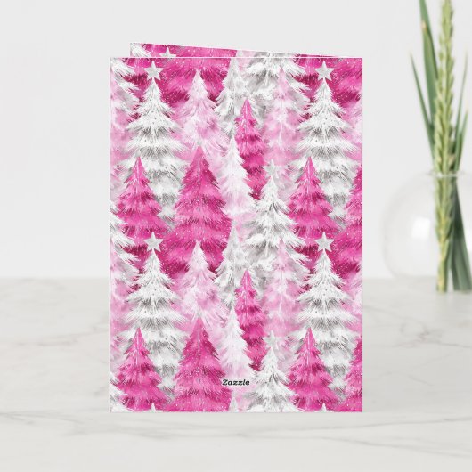 Pink White Christmas Trees Gold Glitter カード (裏面)
