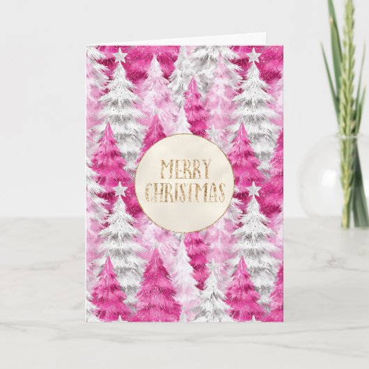 Pink White Christmas Trees Gold Glitter   カード (正面)