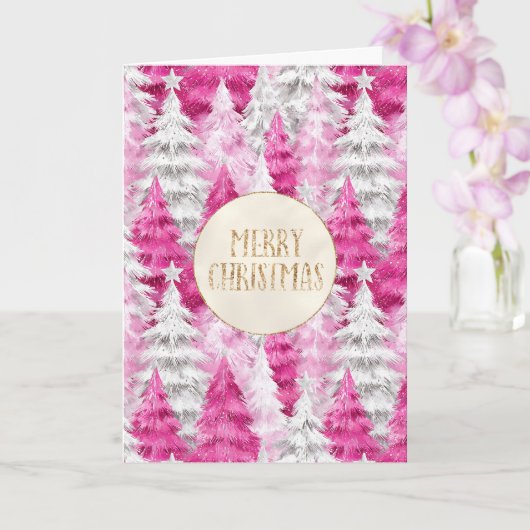 Pink White Christmas Trees Gold Glitter   カード (蘭)