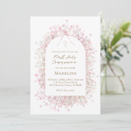 pink white  First Communion girl 招待状 (スタンド正面)