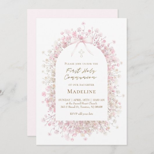 pink white First Communion girl 招待状 (正面/裏面)