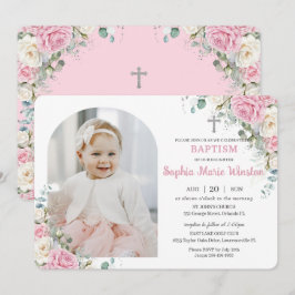 Pink White Floral Baptism Christening Arch Photo 招待状