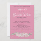 Pink White Floral Watercolor Cross Baptism 招待状 (正面)