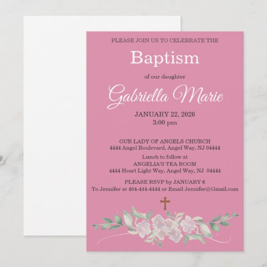 Pink White Floral Watercolor Cross Baptism 招待状 (正面/裏面)